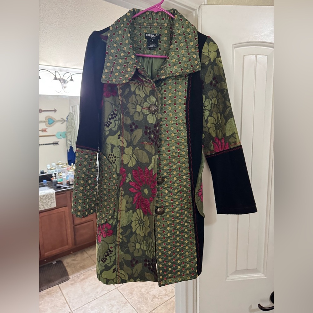 Elegant Floral Green and Pink Coat